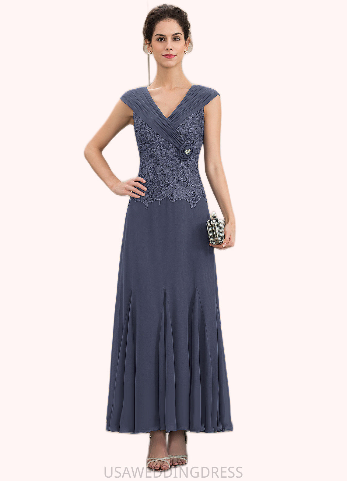 Mckayla A-Line V-neck Ankle-Length Chiffon Lace Mother of the Bride Dress With Ruffle Beading DS126P0014971