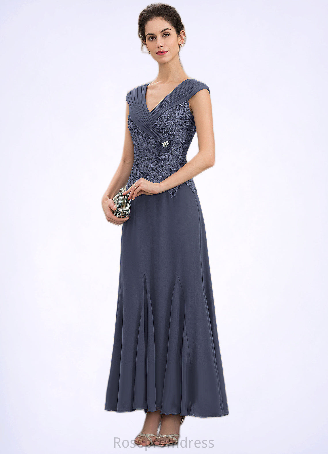Jaylyn A-Line V-neck Ankle-Length Chiffon Lace Mother of the Bride Dress With Ruffle Beading SRS126P0014971