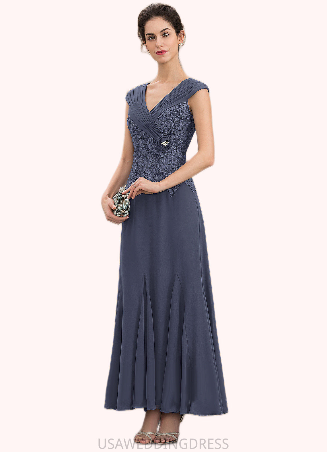 Mckayla A-Line V-neck Ankle-Length Chiffon Lace Mother of the Bride Dress With Ruffle Beading DS126P0014971