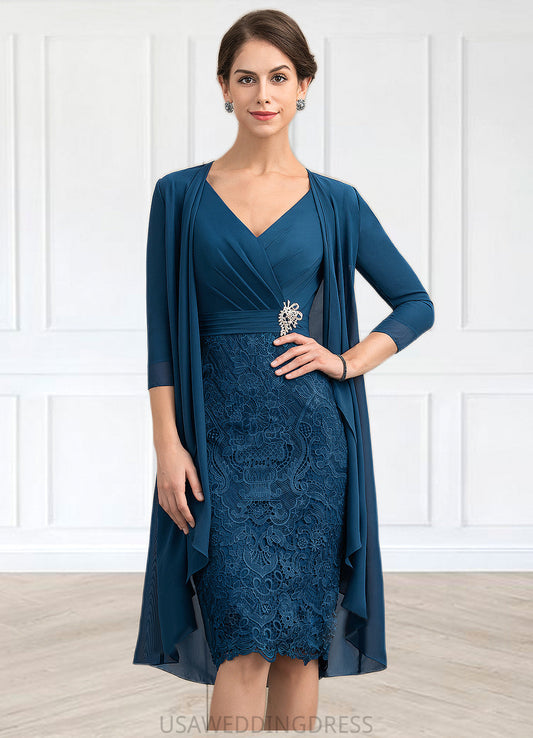 Amani Sheath/Column V-neck Knee-Length Chiffon Lace Mother of the Bride Dress With Crystal Brooch DS126P0014972