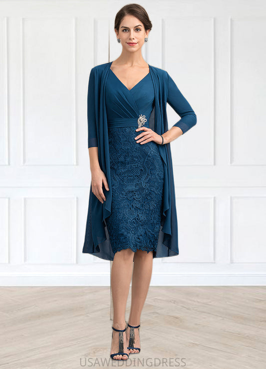 Amani Sheath/Column V-neck Knee-Length Chiffon Lace Mother of the Bride Dress With Crystal Brooch DS126P0014972