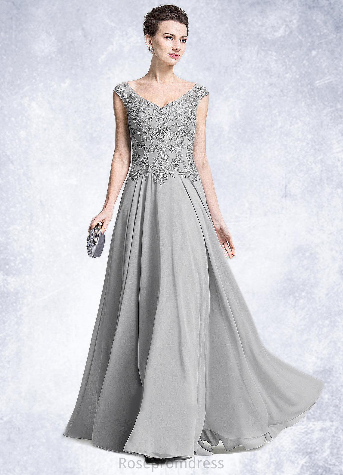 Delilah A-Line V-neck Floor-Length Chiffon Mother of the Bride Dress With Appliques Lace SRS126P0014974