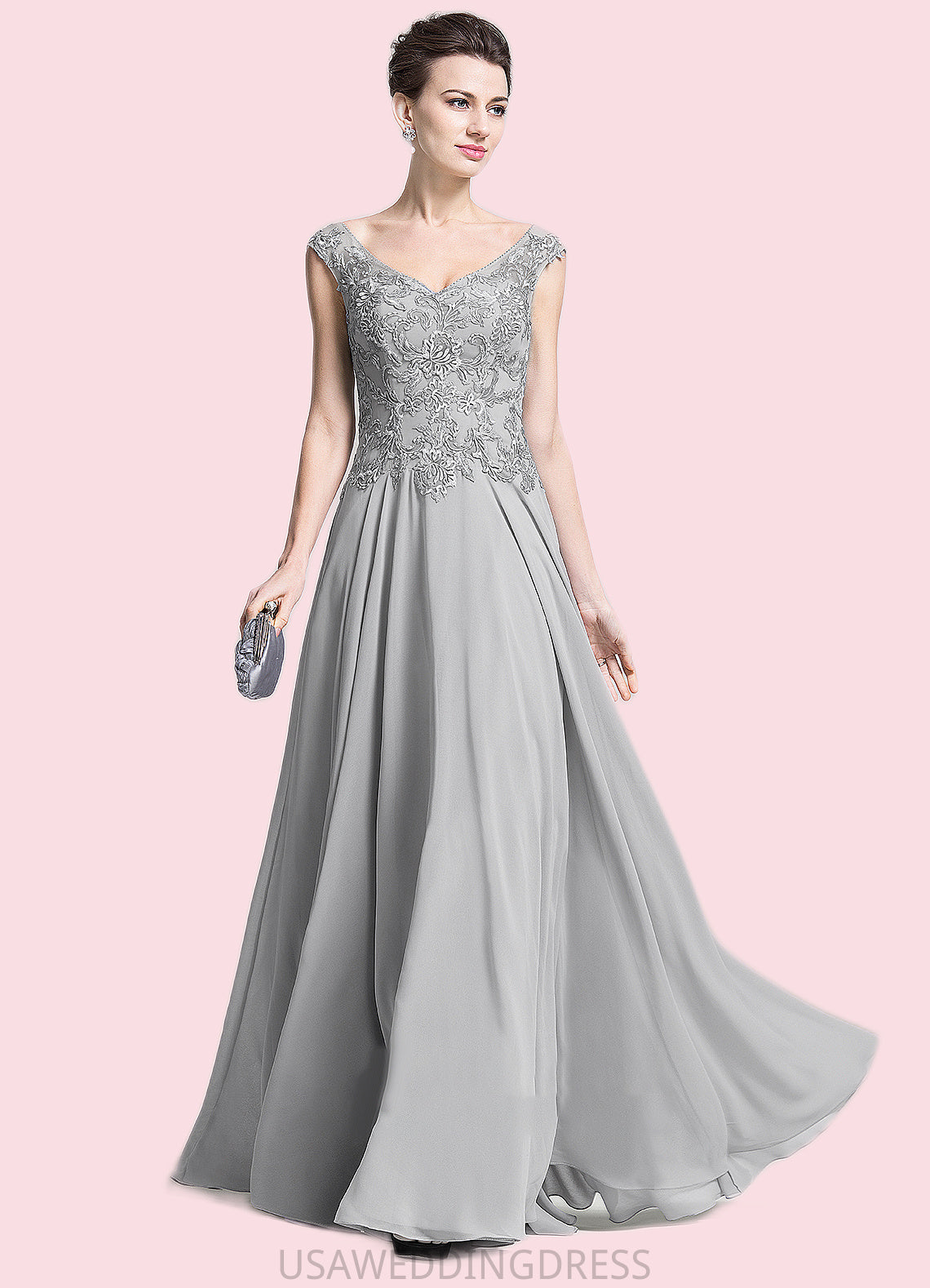 Tia A-Line V-neck Floor-Length Chiffon Mother of the Bride Dress With Appliques Lace DS126P0014974