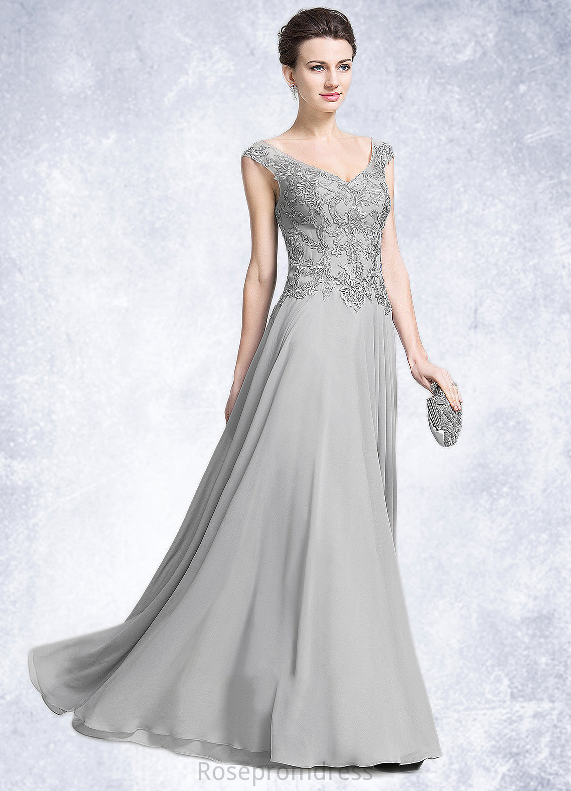 Delilah A-Line V-neck Floor-Length Chiffon Mother of the Bride Dress With Appliques Lace SRS126P0014974
