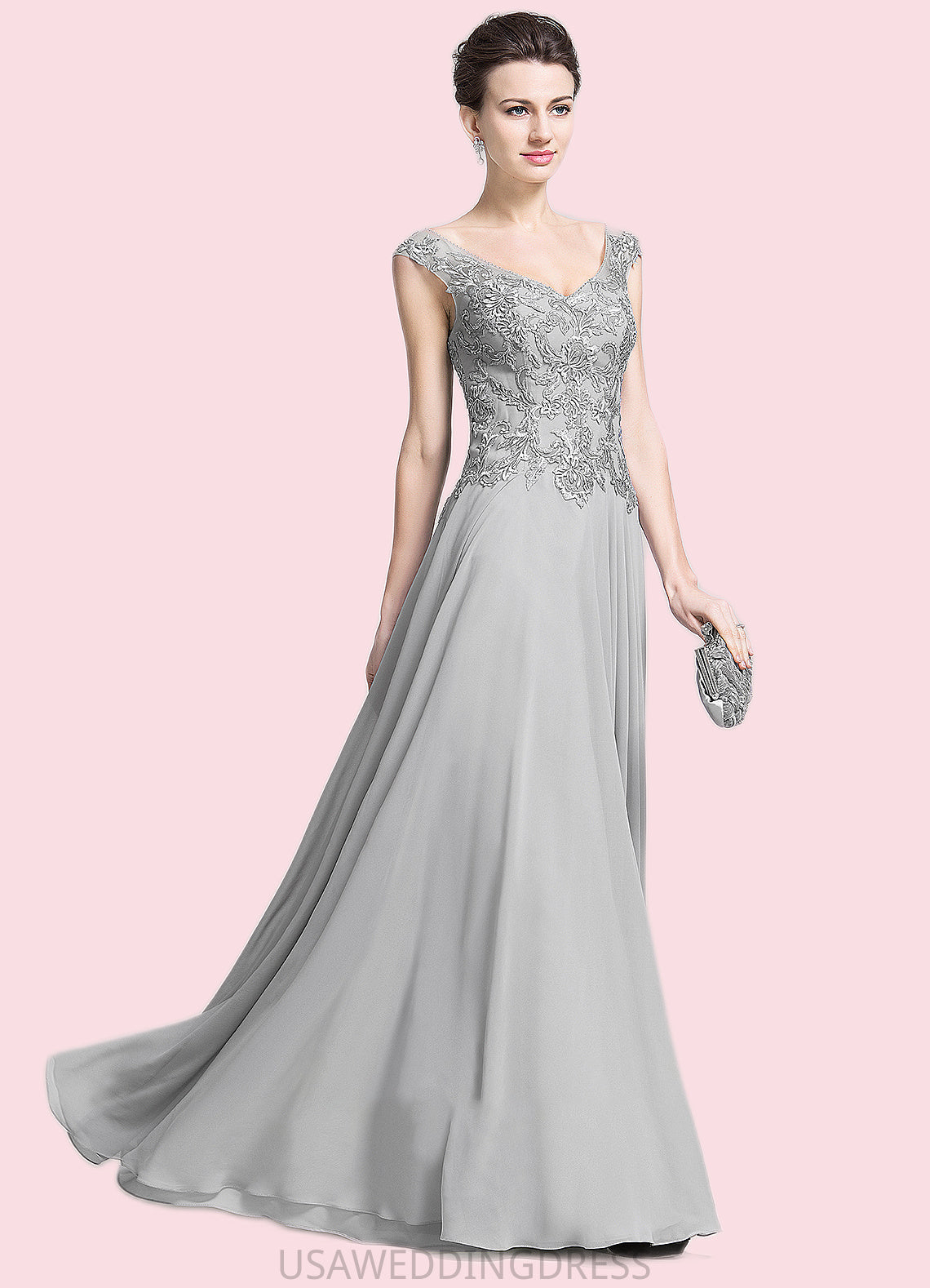 Tia A-Line V-neck Floor-Length Chiffon Mother of the Bride Dress With Appliques Lace DS126P0014974