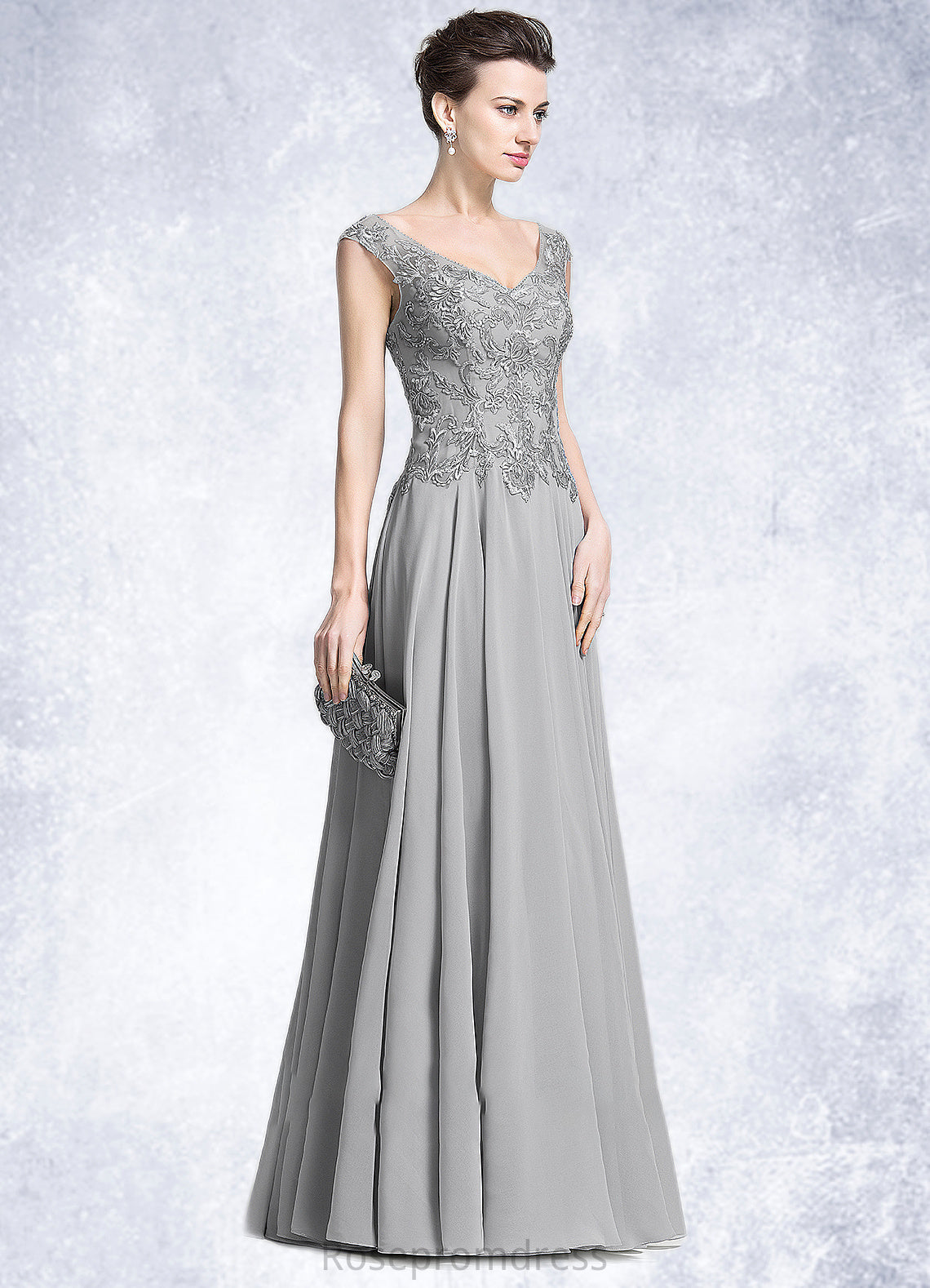 Delilah A-Line V-neck Floor-Length Chiffon Mother of the Bride Dress With Appliques Lace SRS126P0014974