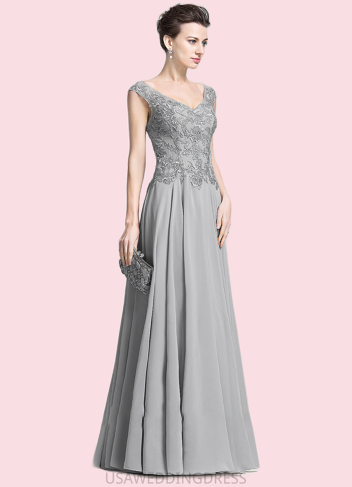 Tia A-Line V-neck Floor-Length Chiffon Mother of the Bride Dress With Appliques Lace DS126P0014974