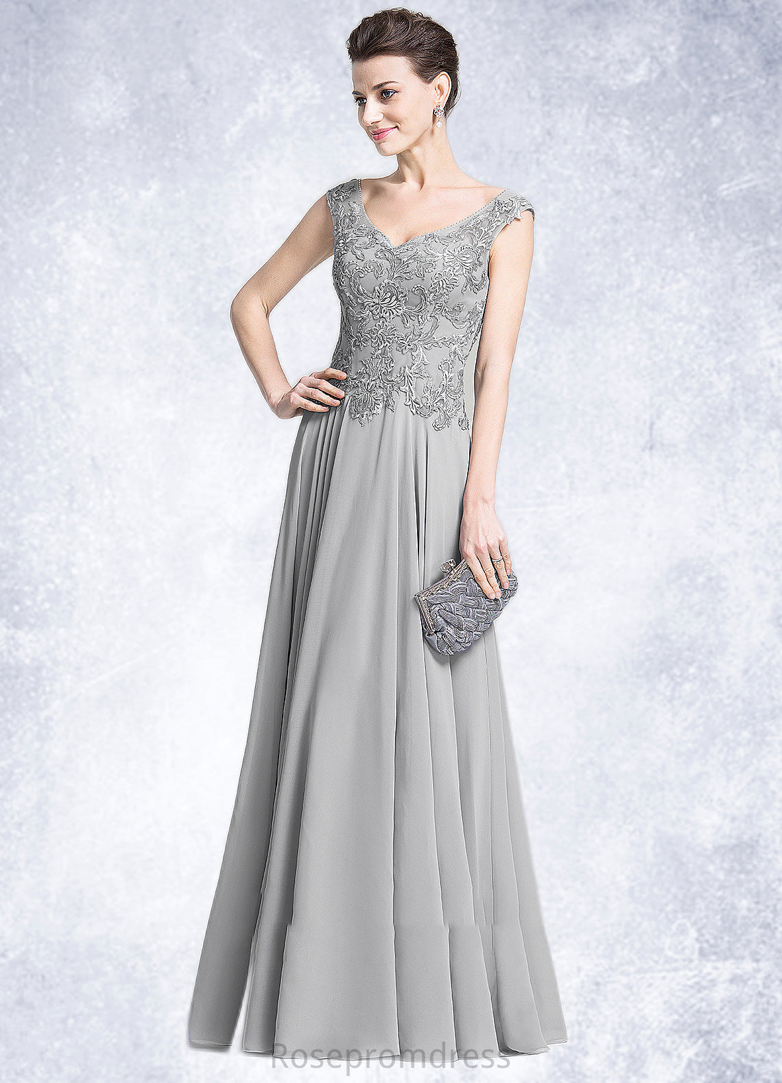 Delilah A-Line V-neck Floor-Length Chiffon Mother of the Bride Dress With Appliques Lace SRS126P0014974