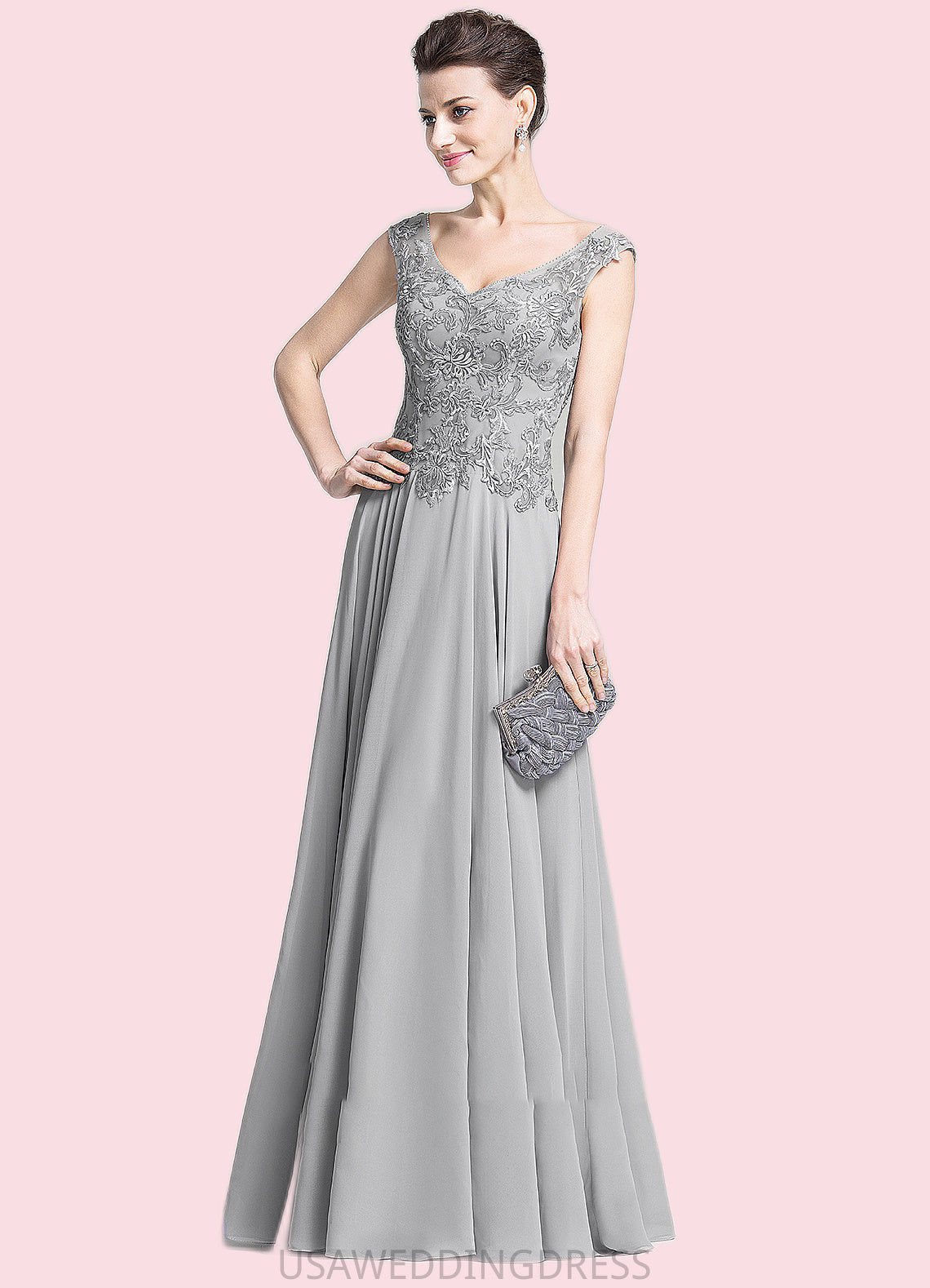 Tia A-Line V-neck Floor-Length Chiffon Mother of the Bride Dress With Appliques Lace DS126P0014974