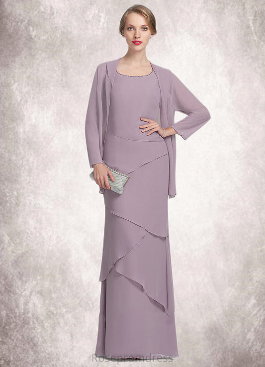 Teresa Sheath/Column Scoop Neck Floor-Length Chiffon Mother of the Bride Dress With Beading Cascading Ruffles SRS126P0014975