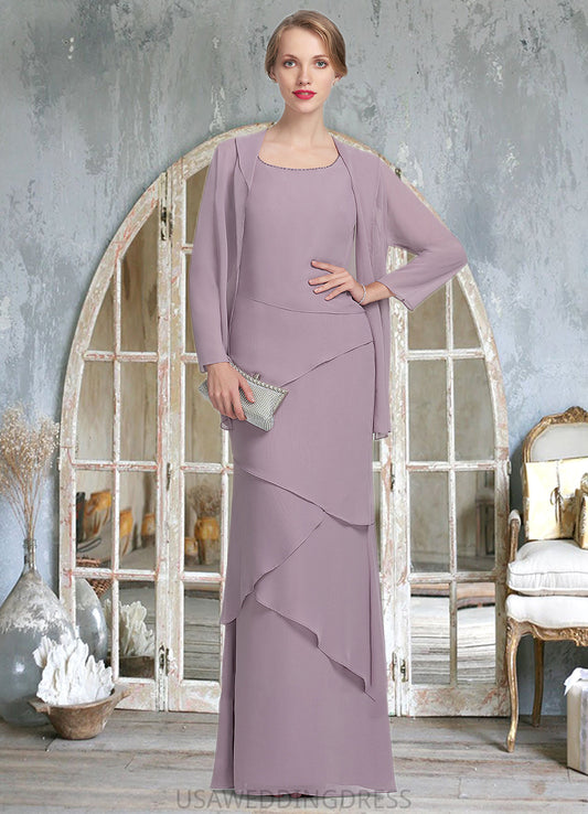 Abbie Sheath/Column Scoop Neck Floor-Length Chiffon Mother of the Bride Dress With Beading Cascading Ruffles DS126P0014975