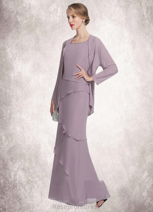 Teresa Sheath/Column Scoop Neck Floor-Length Chiffon Mother of the Bride Dress With Beading Cascading Ruffles SRS126P0014975