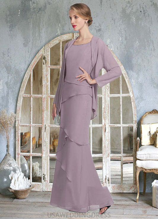 Abbie Sheath/Column Scoop Neck Floor-Length Chiffon Mother of the Bride Dress With Beading Cascading Ruffles DS126P0014975