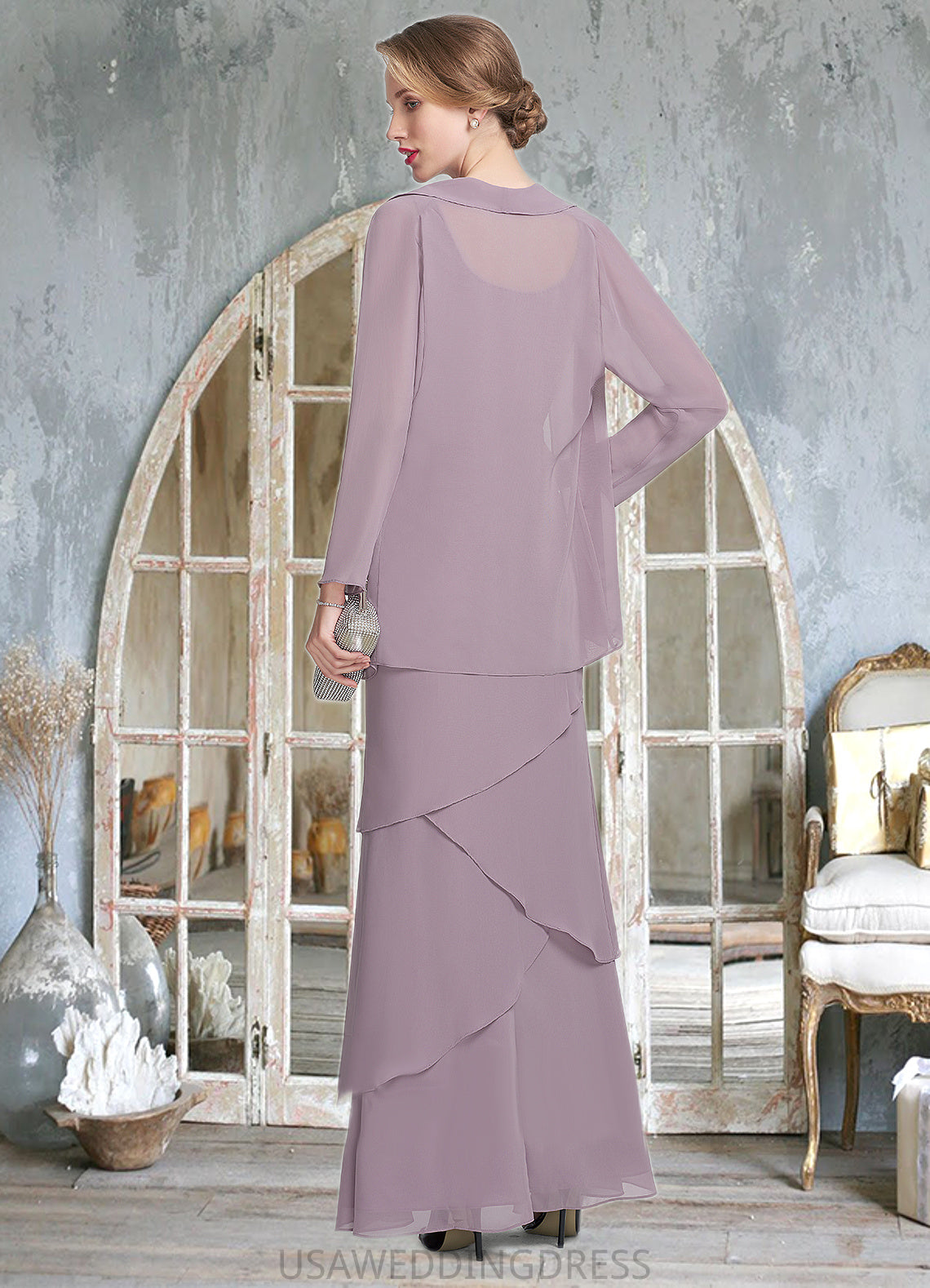 Abbie Sheath/Column Scoop Neck Floor-Length Chiffon Mother of the Bride Dress With Beading Cascading Ruffles DS126P0014975