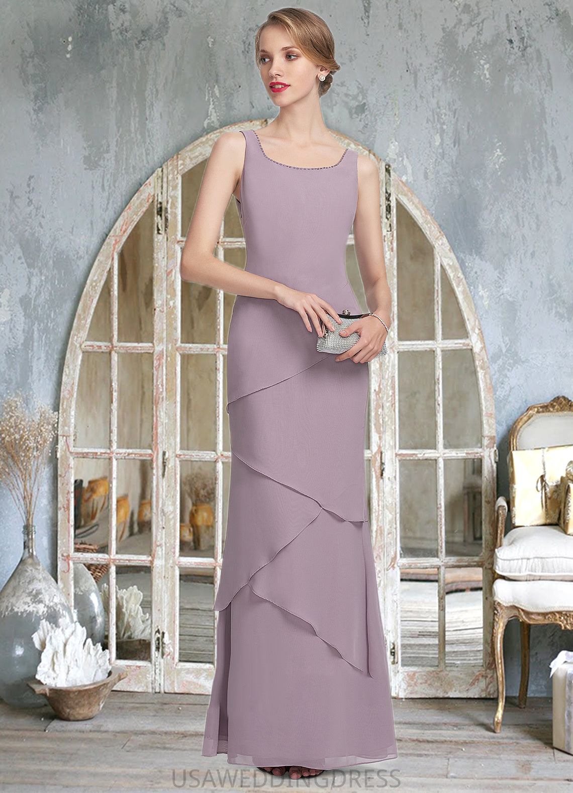 Abbie Sheath/Column Scoop Neck Floor-Length Chiffon Mother of the Bride Dress With Beading Cascading Ruffles DS126P0014975
