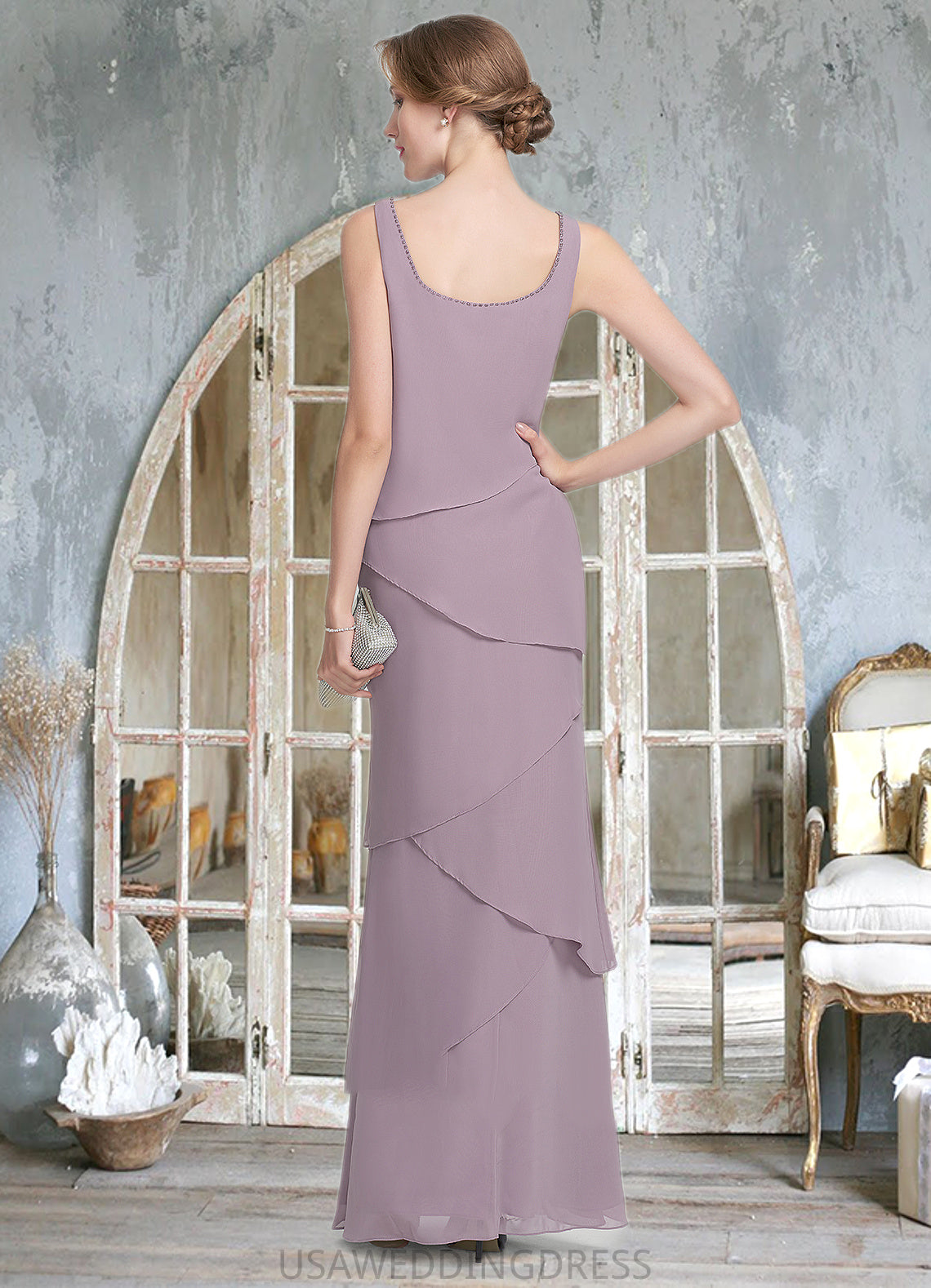 Abbie Sheath/Column Scoop Neck Floor-Length Chiffon Mother of the Bride Dress With Beading Cascading Ruffles DS126P0014975