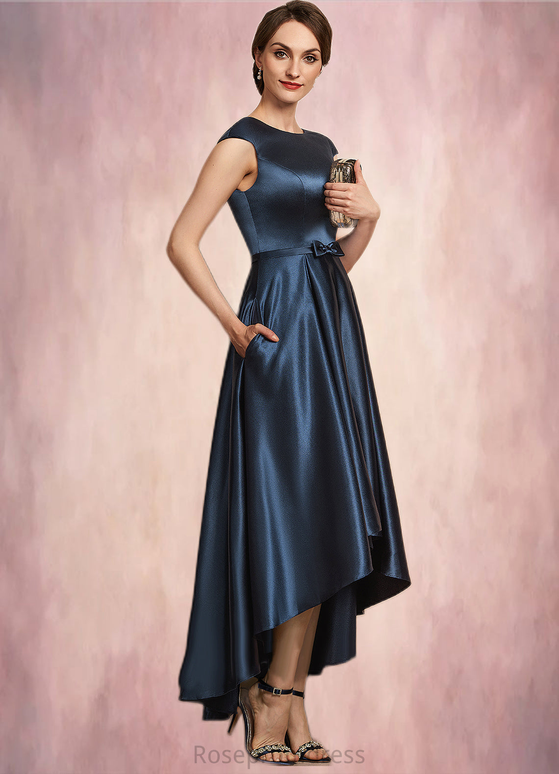 Brooklynn A-Line Scoop Neck Asymmetrical Satin Mother of the Bride Dress With Bow(s) Pockets SRS126P0014976