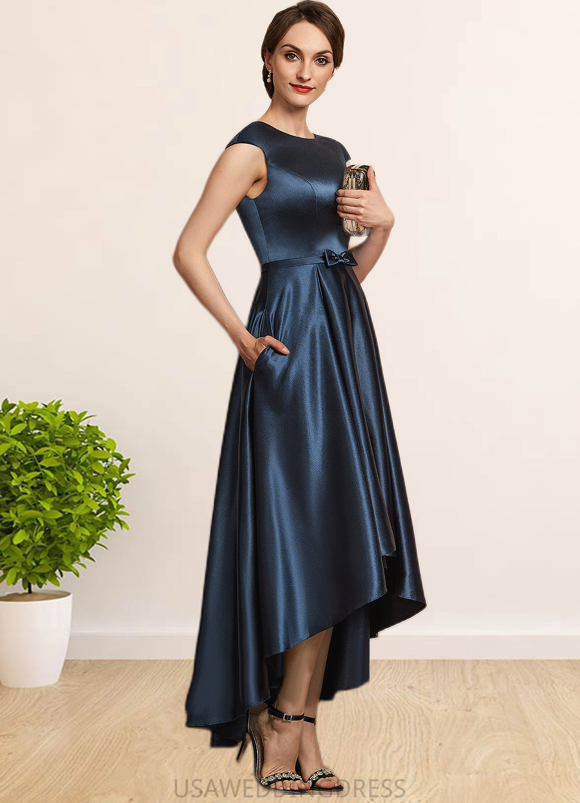 Prudence A-Line Scoop Neck Asymmetrical Satin Mother of the Bride Dress With Bow(s) Pockets DS126P0014976