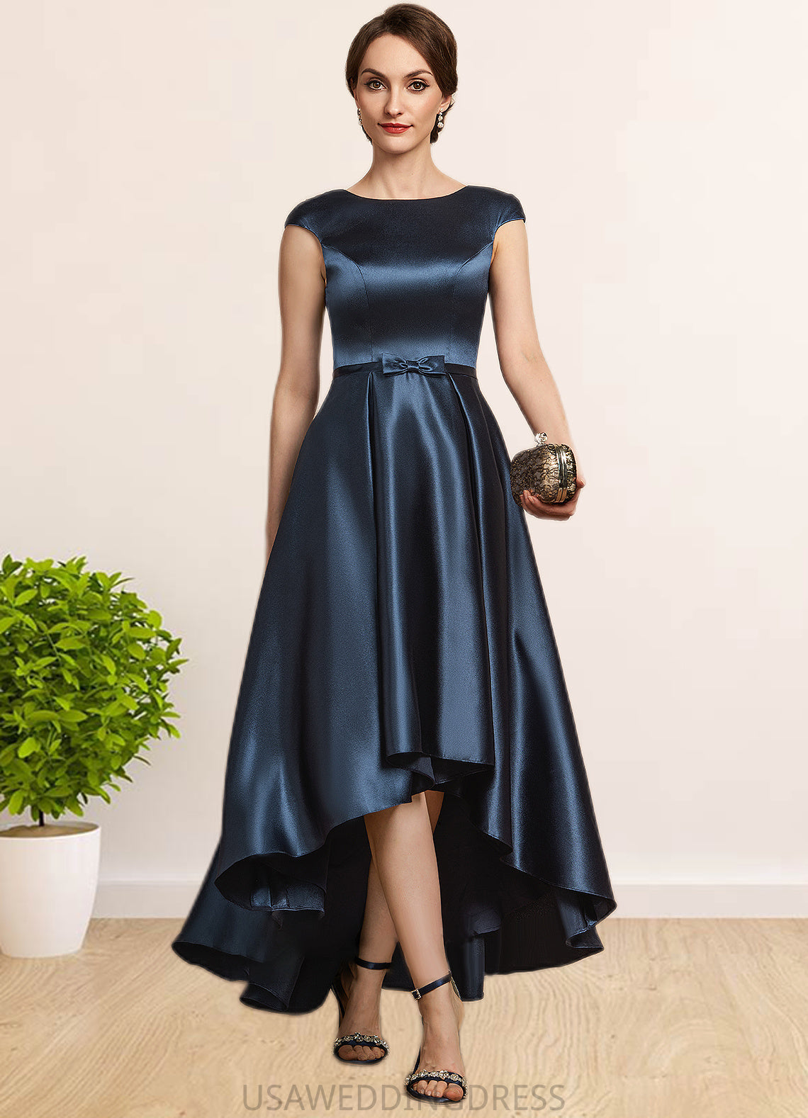 Prudence A-Line Scoop Neck Asymmetrical Satin Mother of the Bride Dress With Bow(s) Pockets DS126P0014976