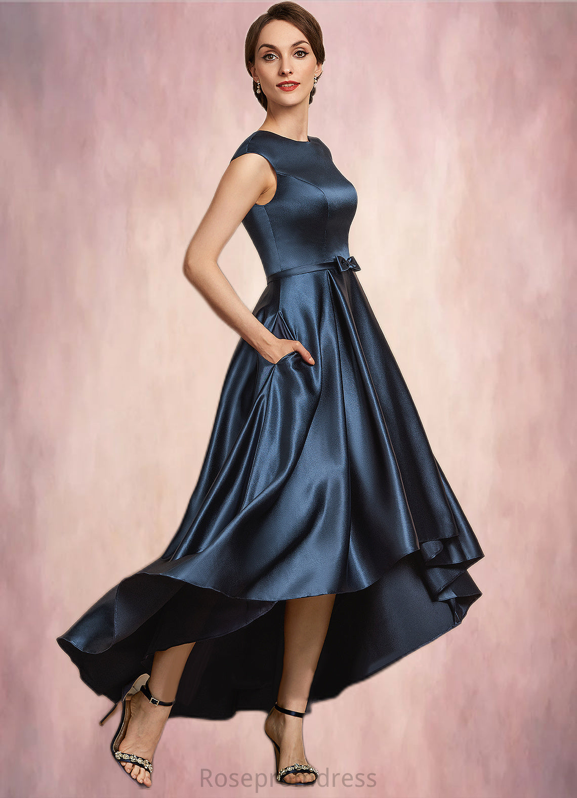 Brooklynn A-Line Scoop Neck Asymmetrical Satin Mother of the Bride Dress With Bow(s) Pockets SRS126P0014976
