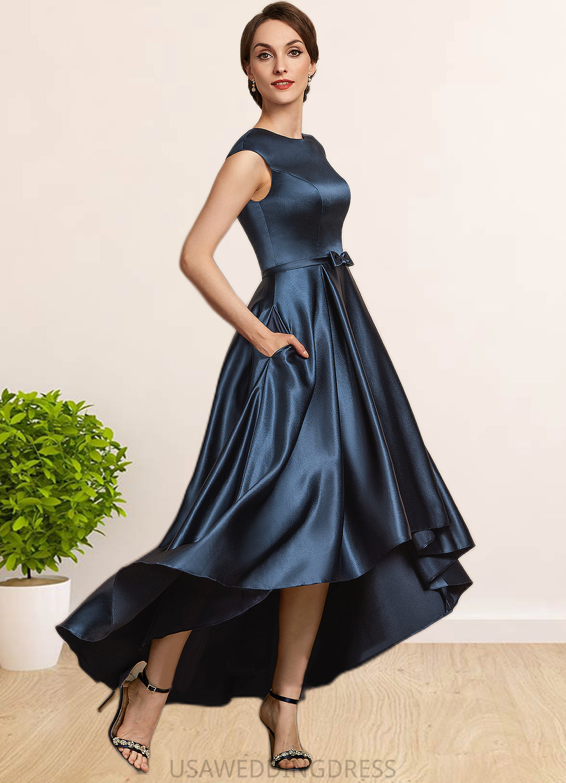 Prudence A-Line Scoop Neck Asymmetrical Satin Mother of the Bride Dress With Bow(s) Pockets DS126P0014976