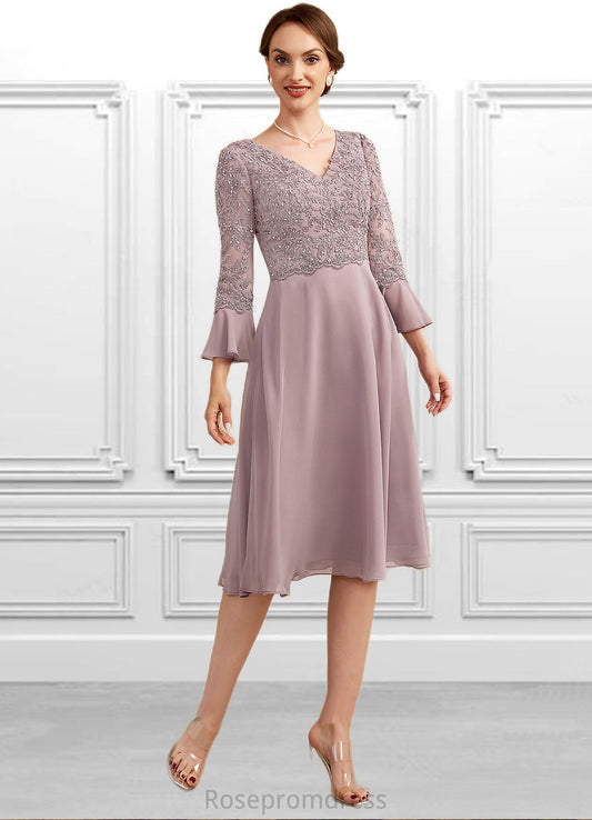 Ellie A-Line V-neck Knee-Length Chiffon Lace Mother of the Bride Dress With Sequins Cascading Ruffles SRS126P0014977