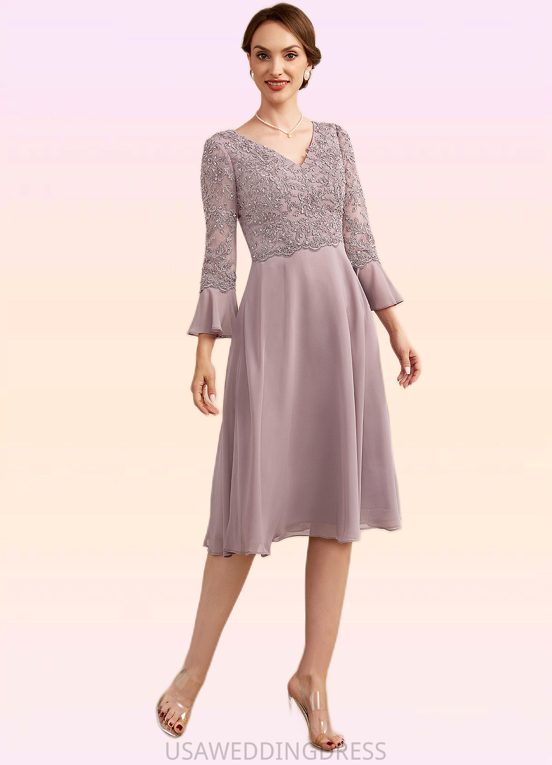 Stephany A-Line V-neck Knee-Length Chiffon Lace Mother of the Bride Dress With Sequins Cascading Ruffles DS126P0014977