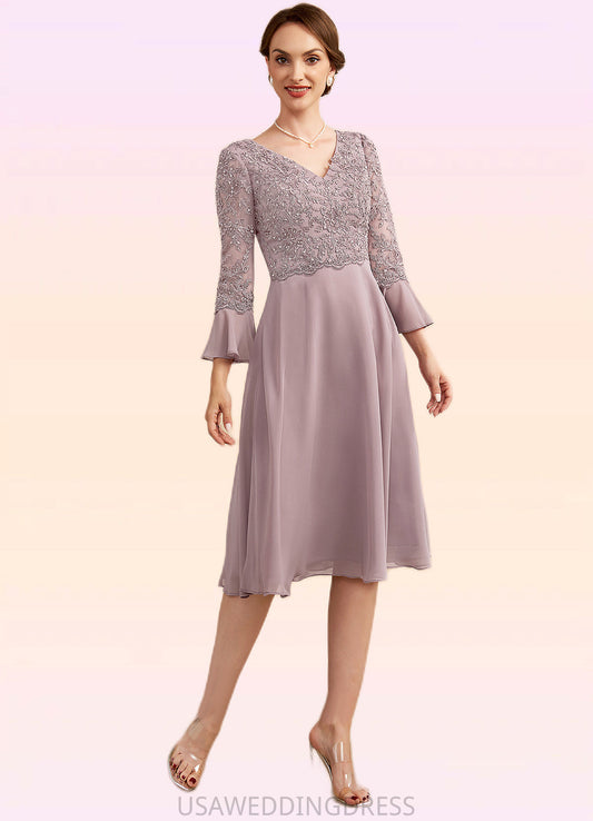 Stephany A-Line V-neck Knee-Length Chiffon Lace Mother of the Bride Dress With Sequins Cascading Ruffles DS126P0014977
