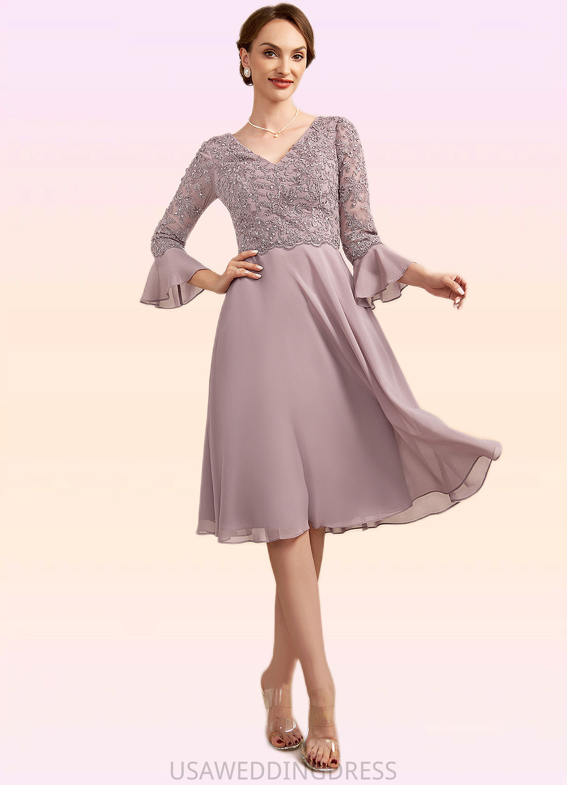 Stephany A-Line V-neck Knee-Length Chiffon Lace Mother of the Bride Dress With Sequins Cascading Ruffles DS126P0014977