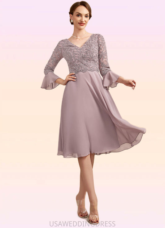 Stephany A-Line V-neck Knee-Length Chiffon Lace Mother of the Bride Dress With Sequins Cascading Ruffles DS126P0014977