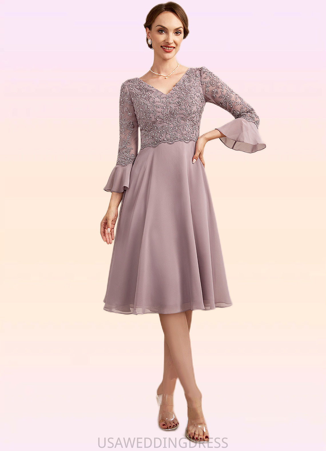 Stephany A-Line V-neck Knee-Length Chiffon Lace Mother of the Bride Dress With Sequins Cascading Ruffles DS126P0014977