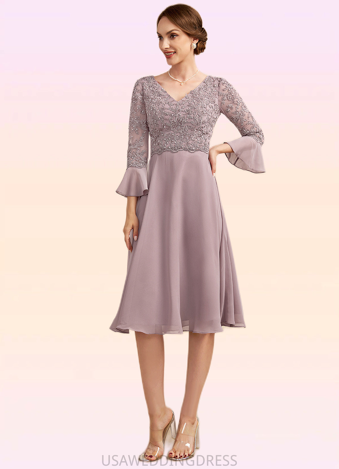 Stephany A-Line V-neck Knee-Length Chiffon Lace Mother of the Bride Dress With Sequins Cascading Ruffles DS126P0014977