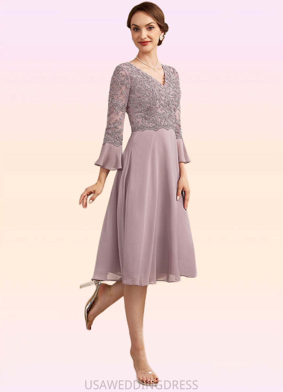 Stephany A-Line V-neck Knee-Length Chiffon Lace Mother of the Bride Dress With Sequins Cascading Ruffles DS126P0014977