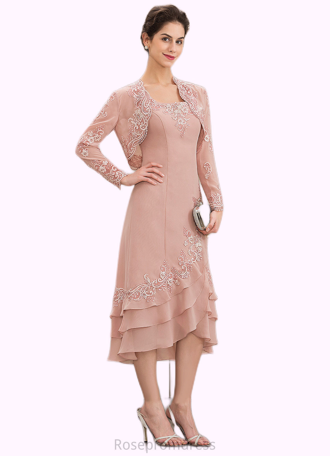 Skylar A-Line Square Neckline Asymmetrical Chiffon Mother of the Bride Dress With Appliques Lace Cascading Ruffles SRS126P0014978