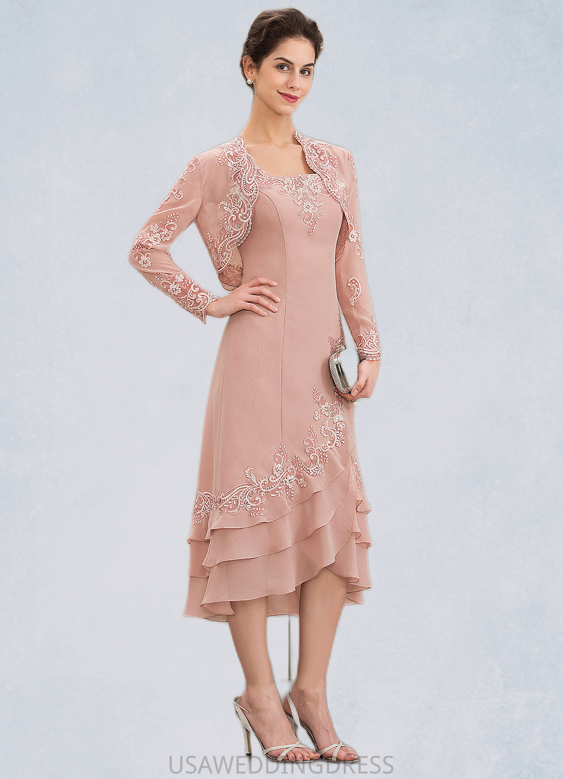 Belinda A-Line Square Neckline Asymmetrical Chiffon Mother of the Bride Dress With Appliques Lace Cascading Ruffles DS126P0014978