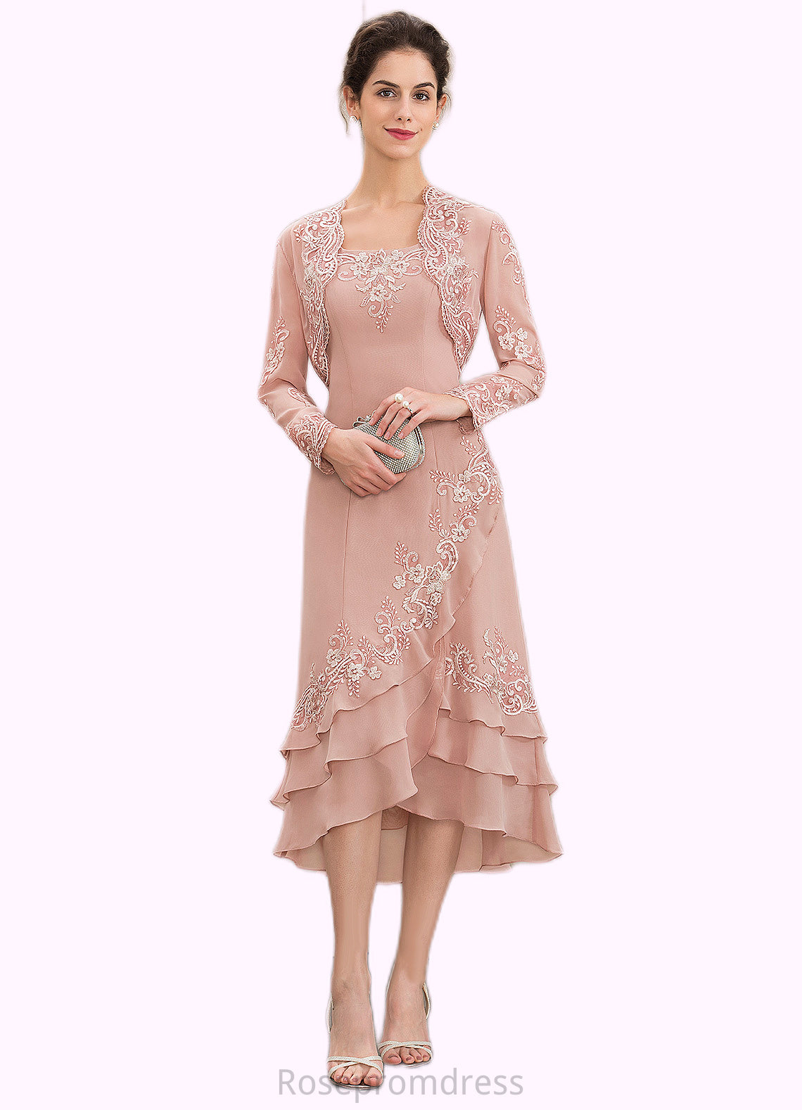 Skylar A-Line Square Neckline Asymmetrical Chiffon Mother of the Bride Dress With Appliques Lace Cascading Ruffles SRS126P0014978