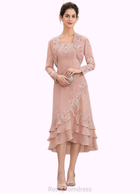 Skylar A-Line Square Neckline Asymmetrical Chiffon Mother of the Bride Dress With Appliques Lace Cascading Ruffles SRS126P0014978