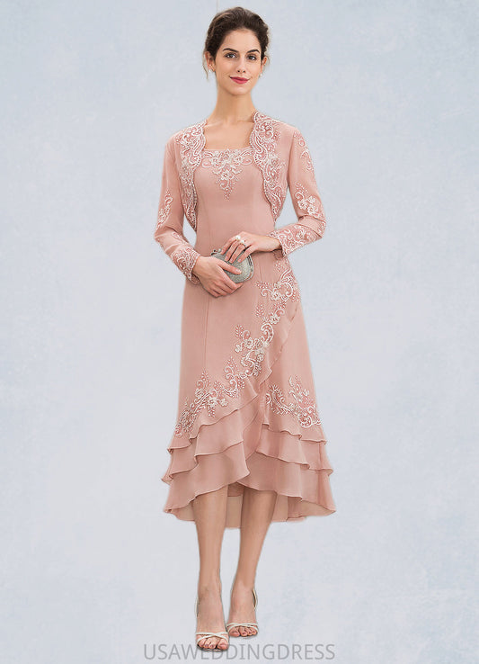 Belinda A-Line Square Neckline Asymmetrical Chiffon Mother of the Bride Dress With Appliques Lace Cascading Ruffles DS126P0014978