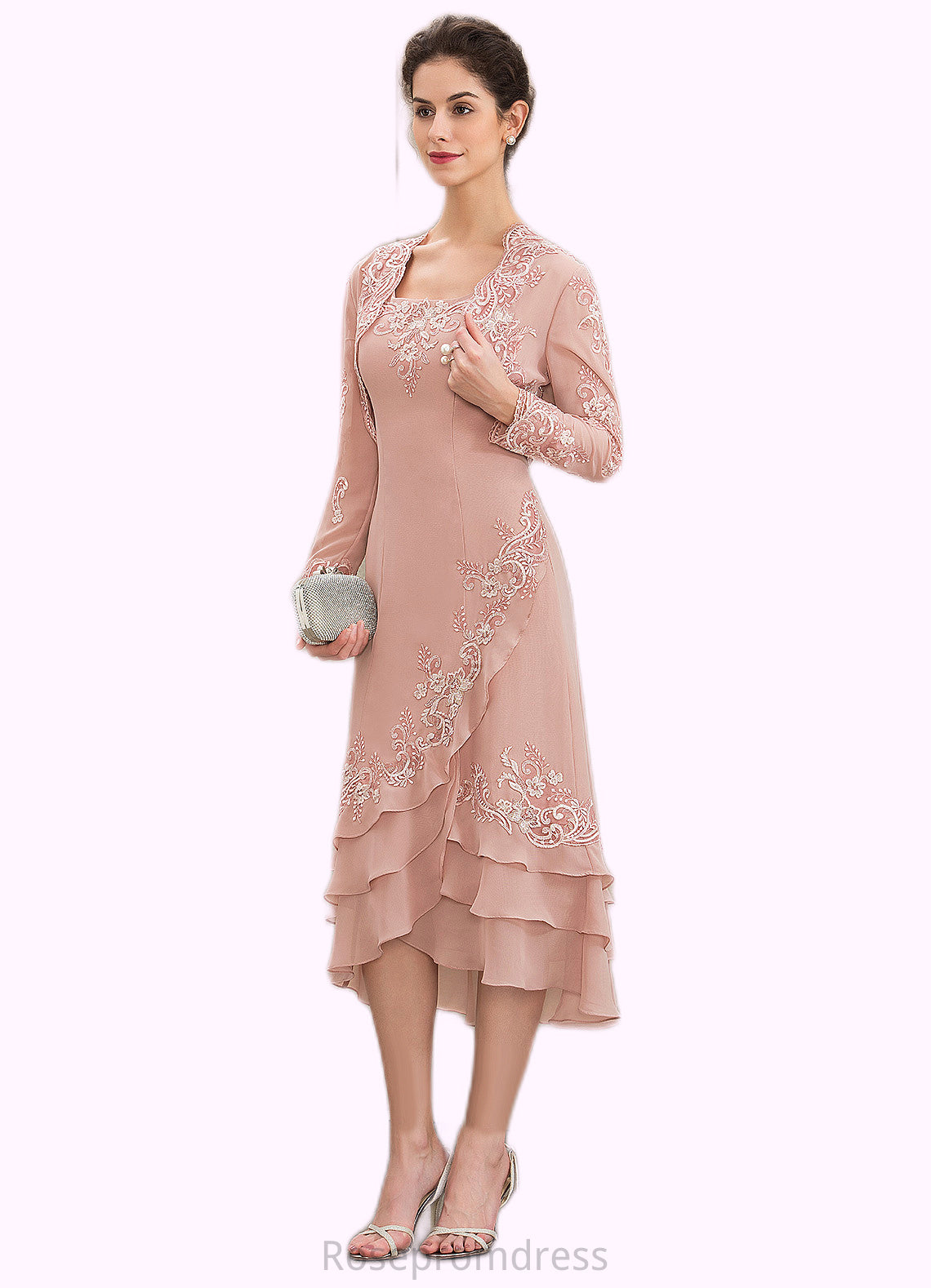 Skylar A-Line Square Neckline Asymmetrical Chiffon Mother of the Bride Dress With Appliques Lace Cascading Ruffles SRS126P0014978