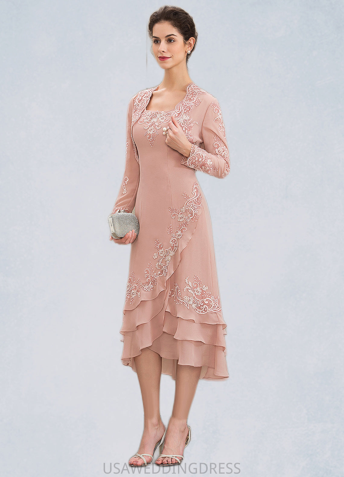 Belinda A-Line Square Neckline Asymmetrical Chiffon Mother of the Bride Dress With Appliques Lace Cascading Ruffles DS126P0014978