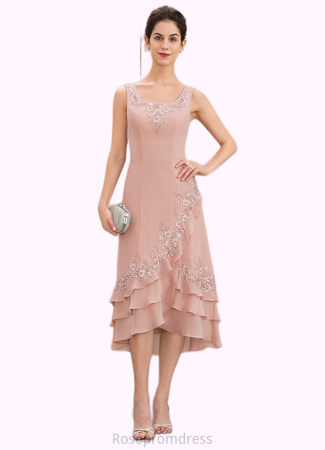 Skylar A-Line Square Neckline Asymmetrical Chiffon Mother of the Bride Dress With Appliques Lace Cascading Ruffles SRS126P0014978