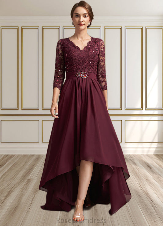 Braelyn A-Line V-neck Asymmetrical Chiffon Lace Mother of the Bride Dress With Beading Sequins SRS126P0014980