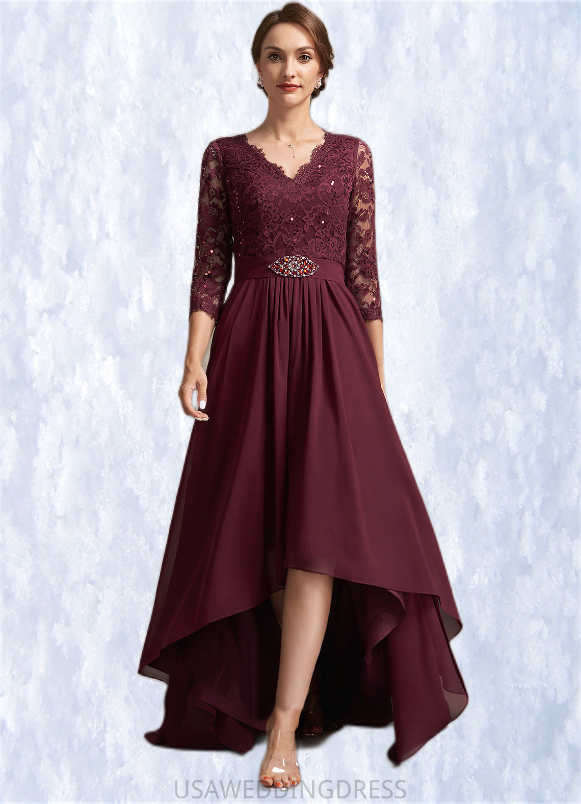 Kaya A-Line V-neck Asymmetrical Chiffon Lace Mother of the Bride Dress With Beading Sequins DS126P0014980