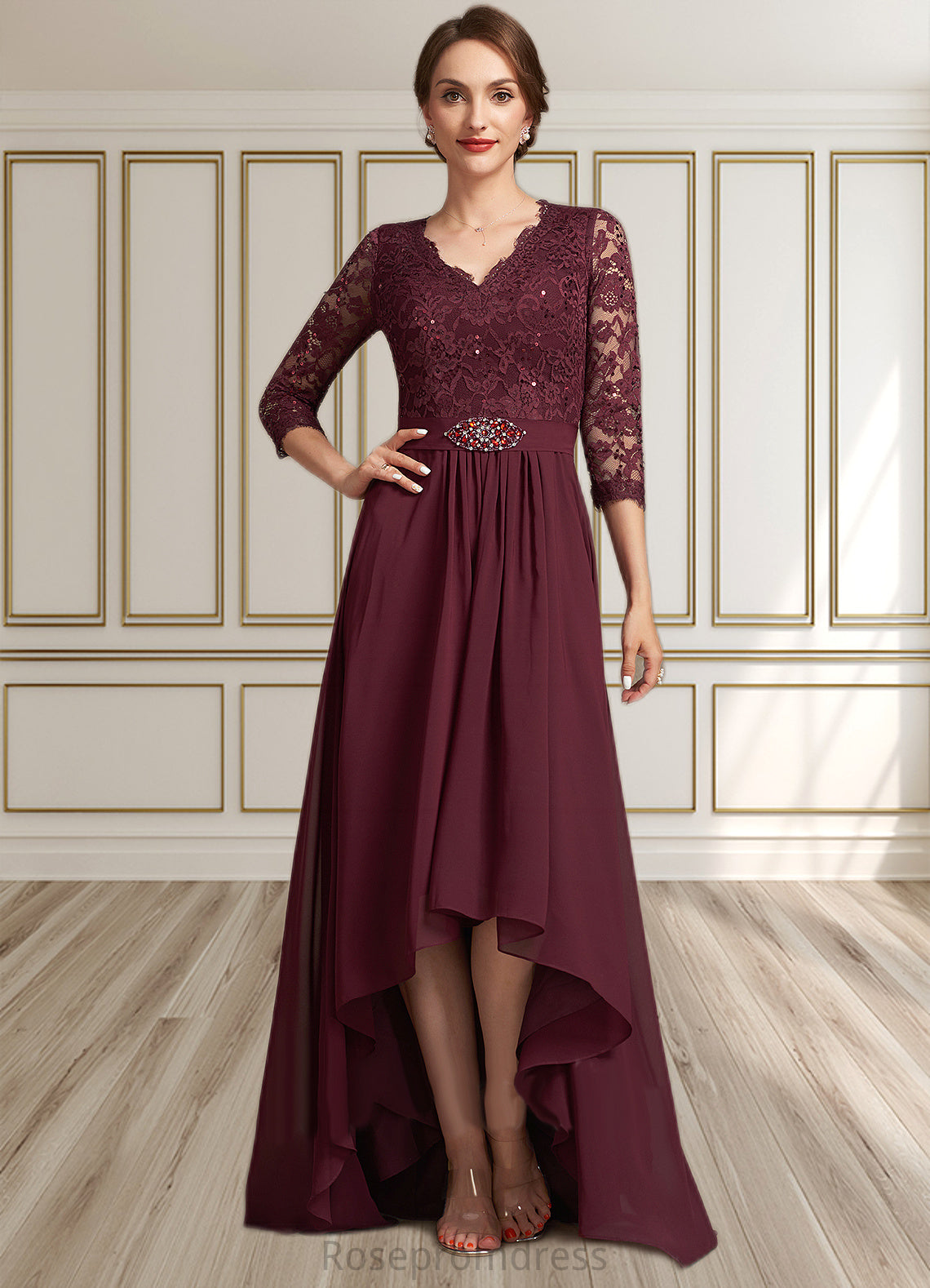 Braelyn A-Line V-neck Asymmetrical Chiffon Lace Mother of the Bride Dress With Beading Sequins SRS126P0014980