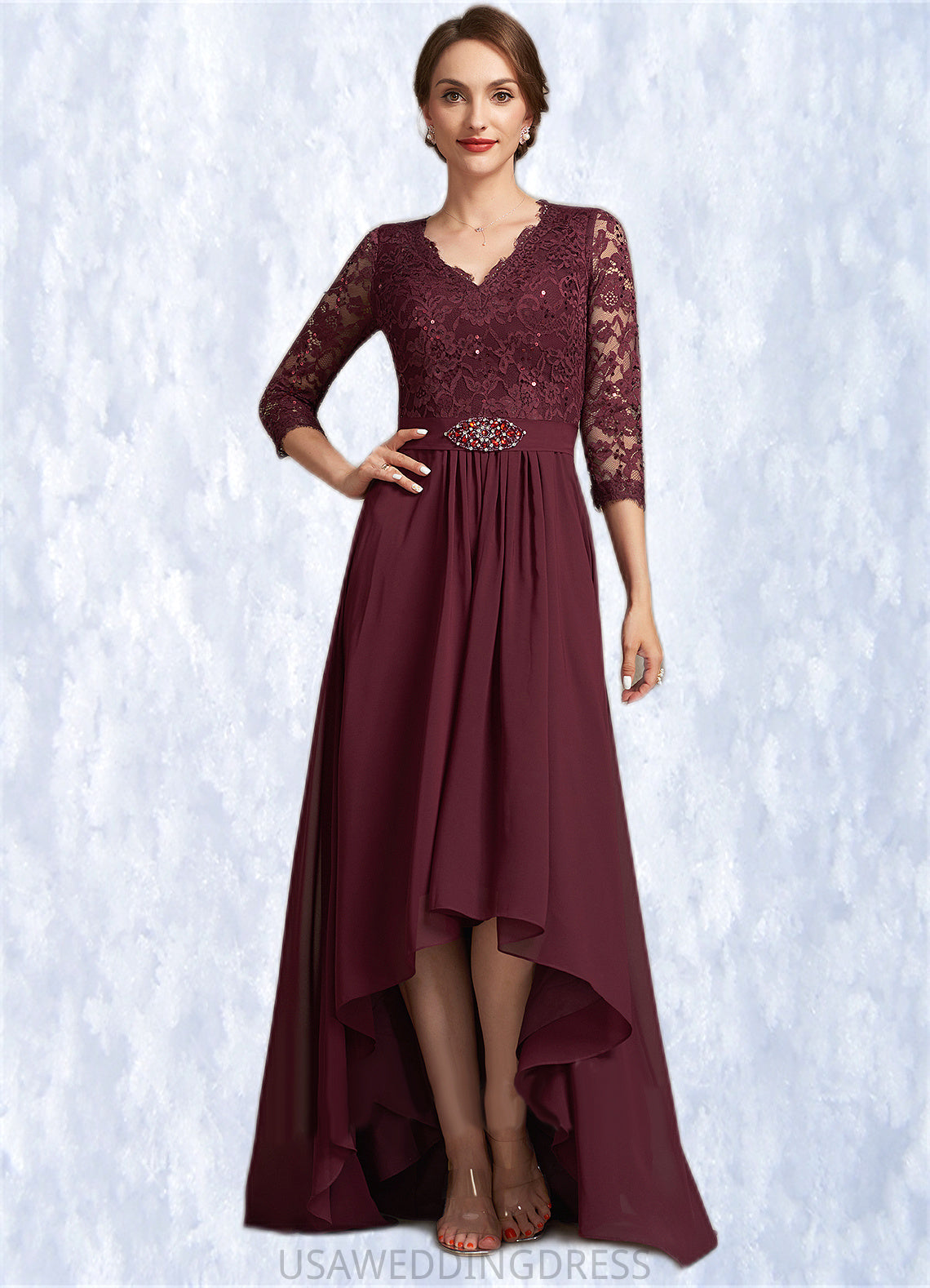 Kaya A-Line V-neck Asymmetrical Chiffon Lace Mother of the Bride Dress With Beading Sequins DS126P0014980