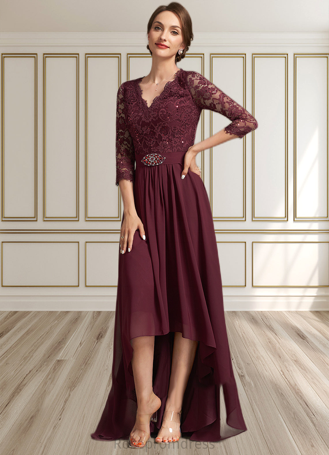 Braelyn A-Line V-neck Asymmetrical Chiffon Lace Mother of the Bride Dress With Beading Sequins SRS126P0014980