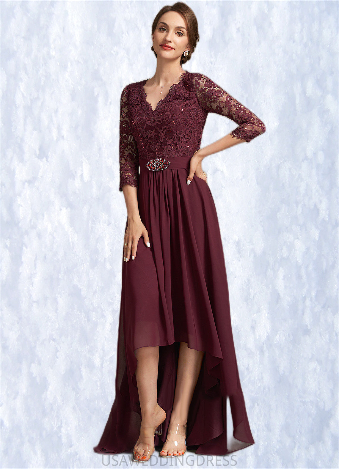 Kaya A-Line V-neck Asymmetrical Chiffon Lace Mother of the Bride Dress With Beading Sequins DS126P0014980