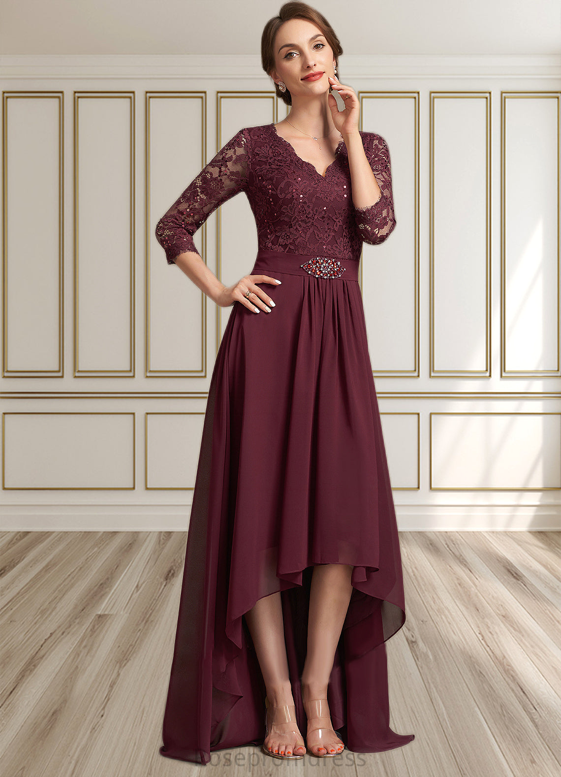 Braelyn A-Line V-neck Asymmetrical Chiffon Lace Mother of the Bride Dress With Beading Sequins SRS126P0014980
