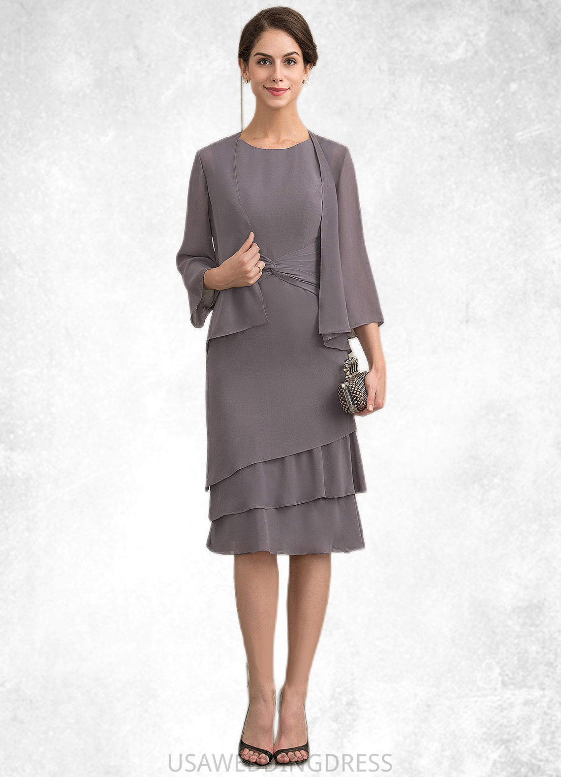 Selina A-Line Scoop Neck Knee-Length Chiffon Mother of the Bride Dress With Cascading Ruffles DS126P0014981