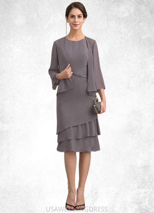 Selina A-Line Scoop Neck Knee-Length Chiffon Mother of the Bride Dress With Cascading Ruffles DS126P0014981